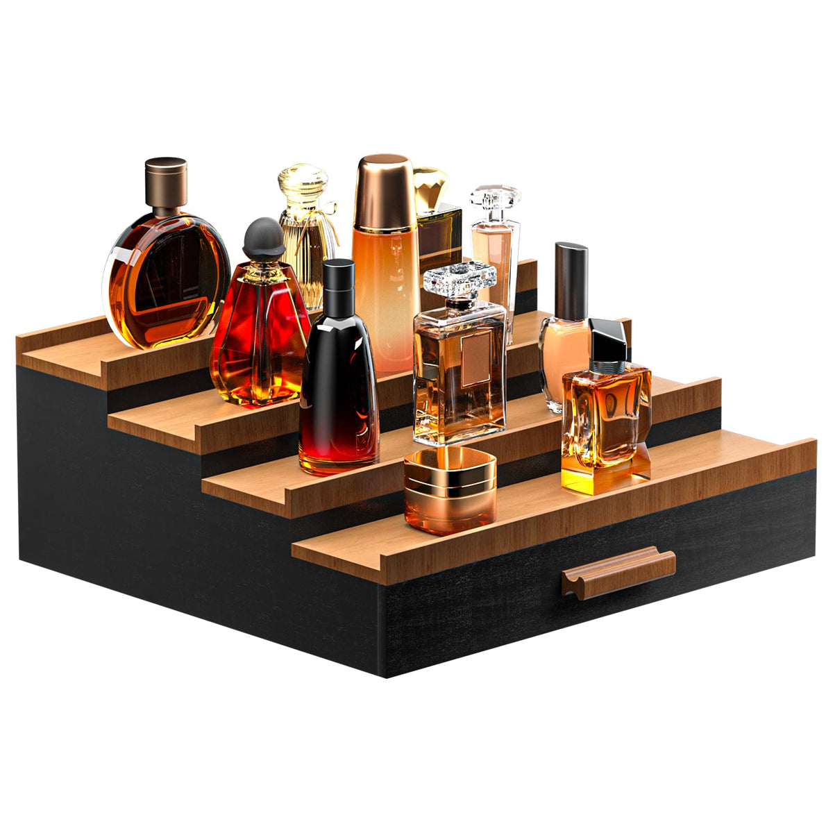 Sephyroth Cologne Organizer four-tier black walnut display keeps bottles neatly arranged.