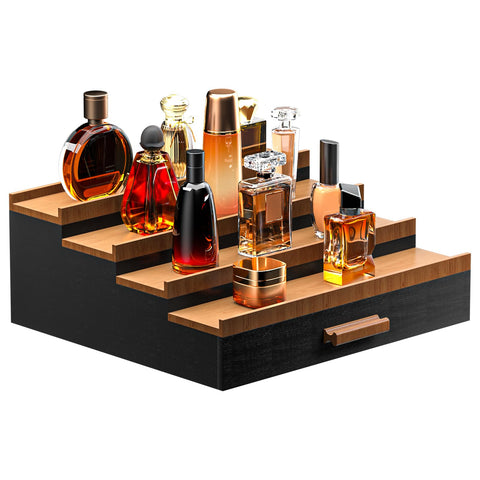Sephyroth Cologne Organizer four-tier black walnut display keeps bottles neatly arranged.