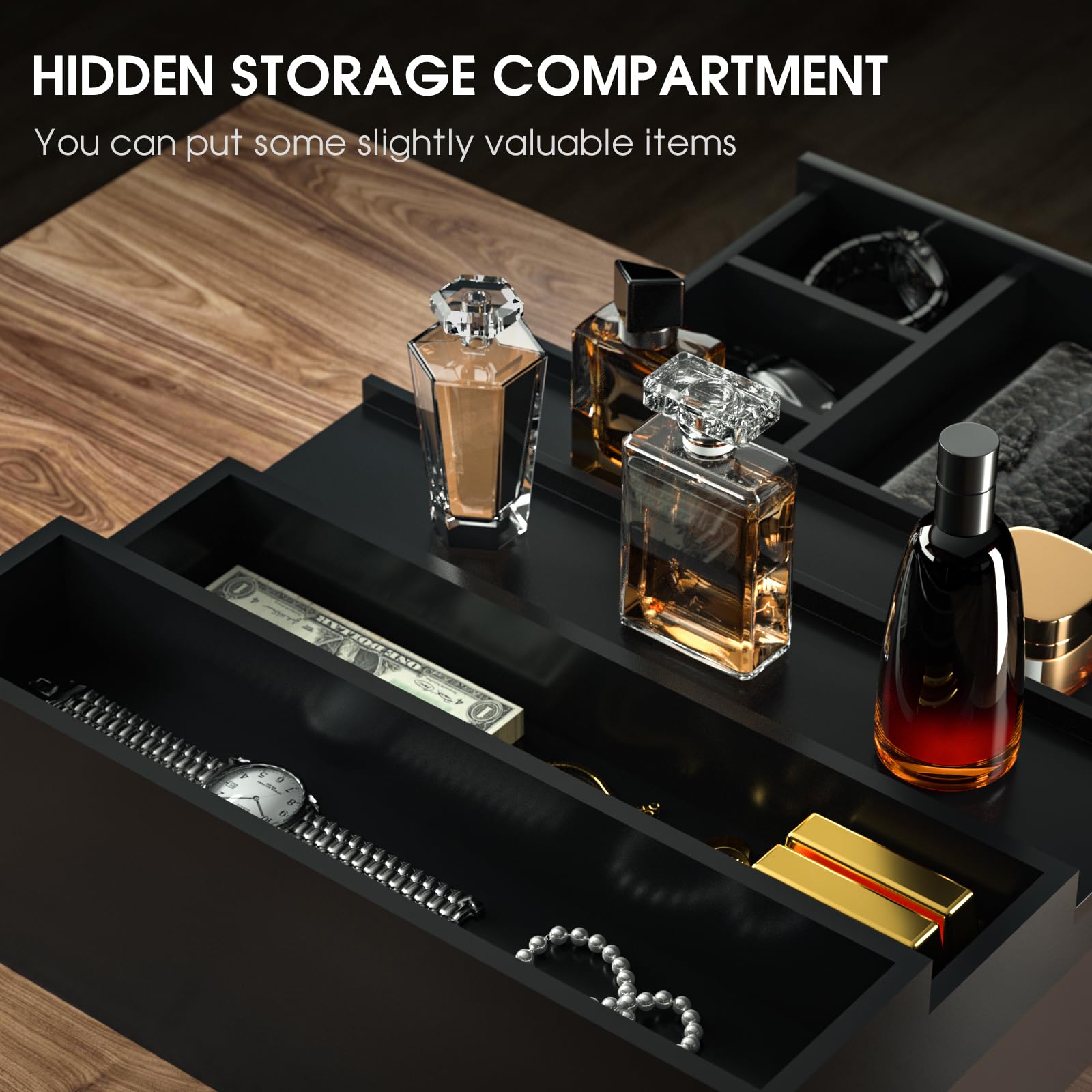 Sephyroth drawer storage compartment keeps small items organized beneath perfume bottles.