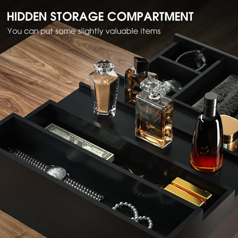 Sephyroth drawer storage compartment keeps small items organized beneath perfume bottles.