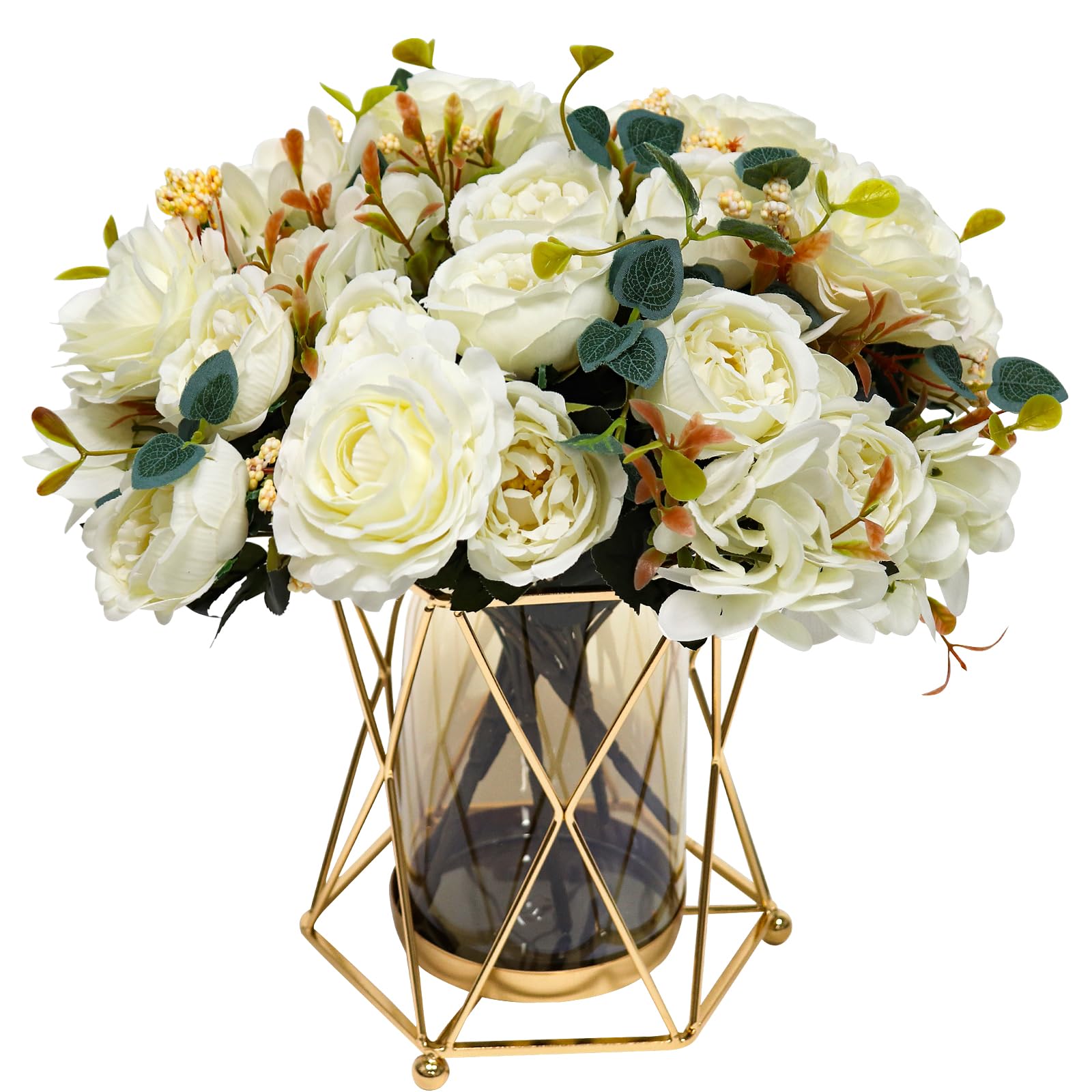 Septdecor faux flowers with vase featuring silk peony bouquet for elegant home décor.