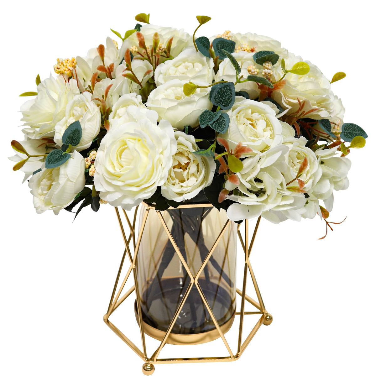 Septdecor faux flowers with vase featuring silk peony bouquet for elegant home décor.