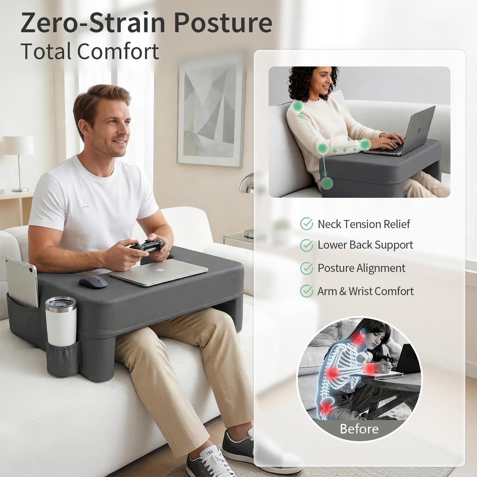 Septsun arm-rest lap desk ergonomic design supports neck and shoulders.