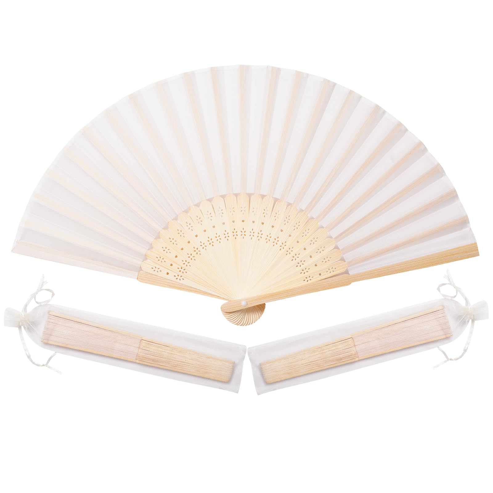 Sepwedd hand fan, cream imitation silk, folded for portable cooling at events.