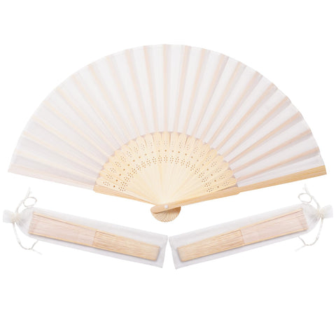 Sepwedd hand fan, cream imitation silk, folded for portable cooling at events.