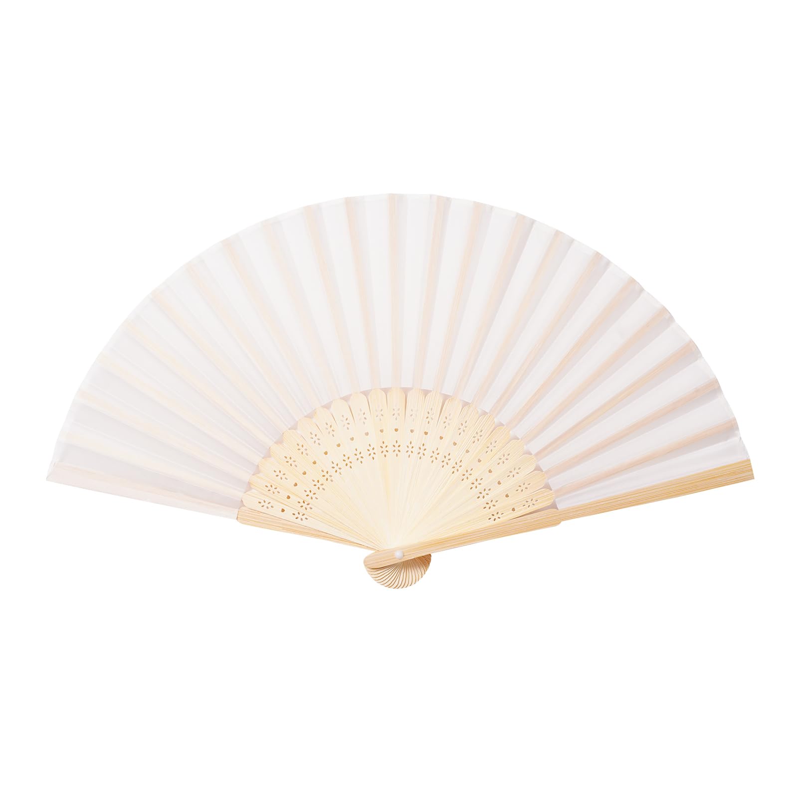 Sepwedd hand fan, cream imitation silk, open for decorative use at weddings and parties.