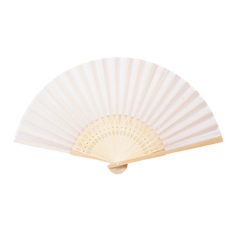 Sepwedd hand fan, cream imitation silk, open for decorative use at weddings and parties.