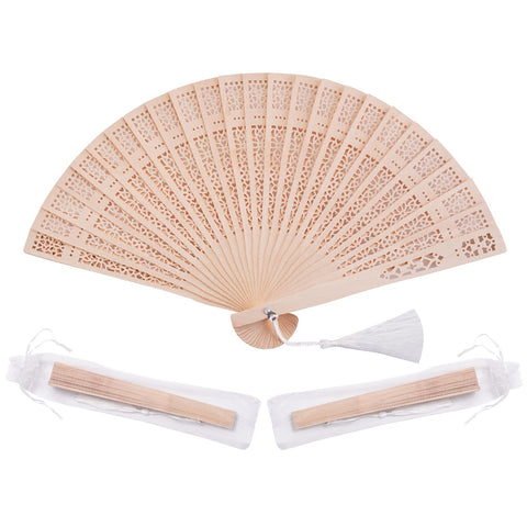 Sepwedd sandalwood hand fan, closed position, portable cooling for events such as baby showers and weddings.