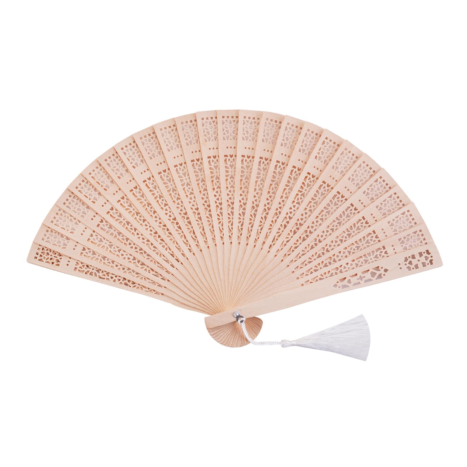 Sepwedd sandalwood hand fan, open position, decorative and functional party favor with tassels and organza bag.