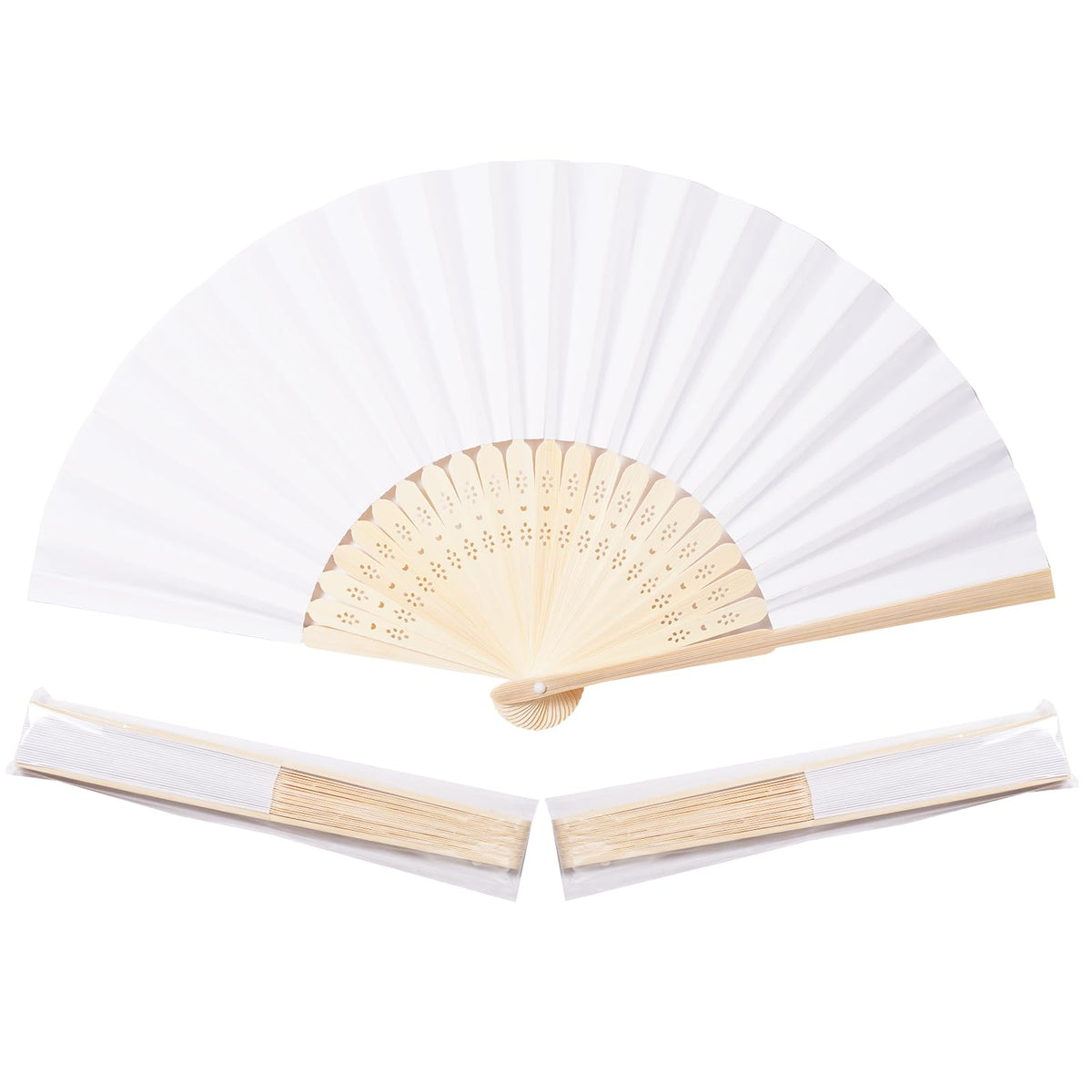 Sepwedd white bamboo folding hand fan closed, ideal for on-the-go weddings and decor.