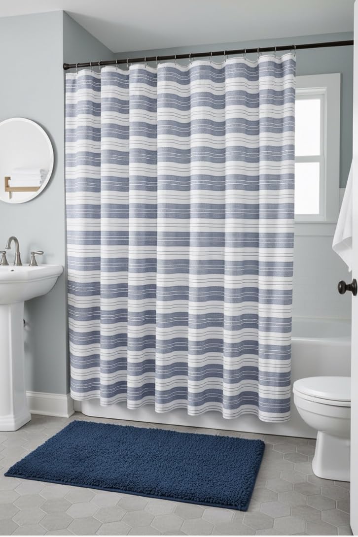 Serafina Home blue and white stripe design suits boys' bathrooms with clean, classic vibe