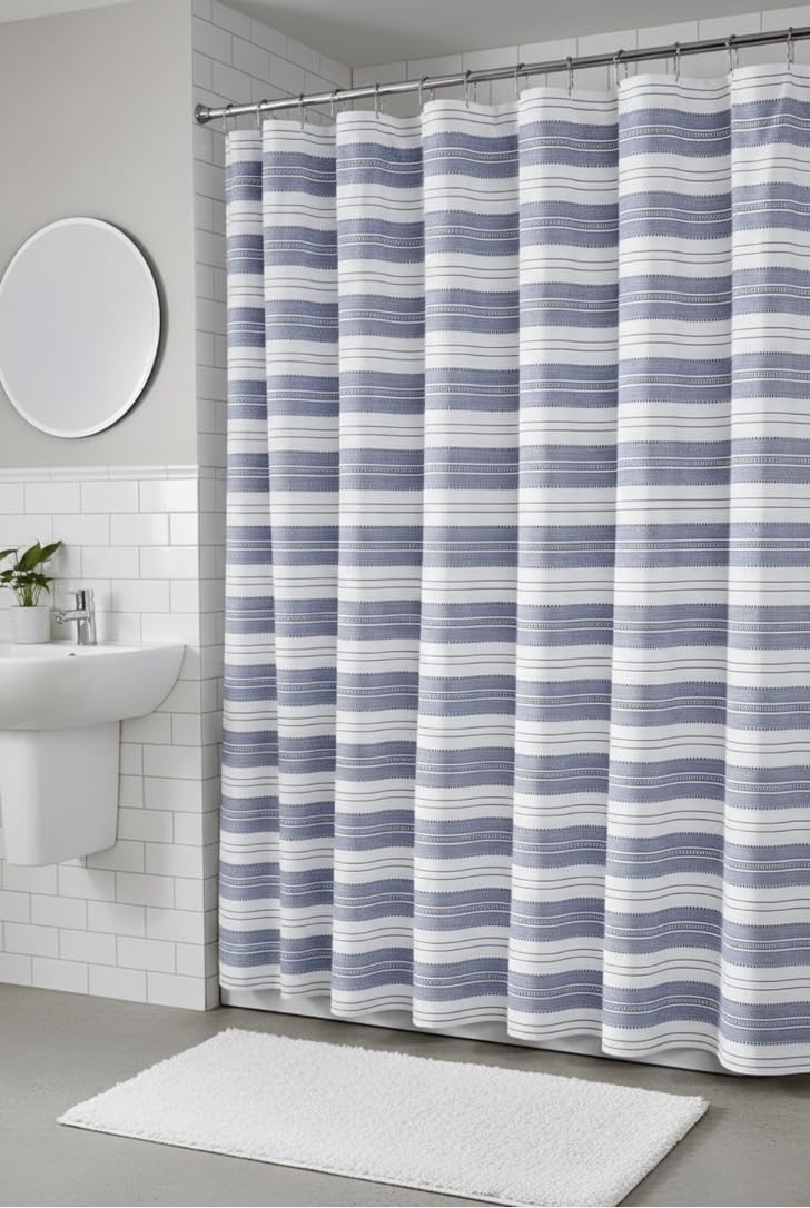 Serafina Home coastal-inspired curtain complements farmhouse and modern bathroom styles