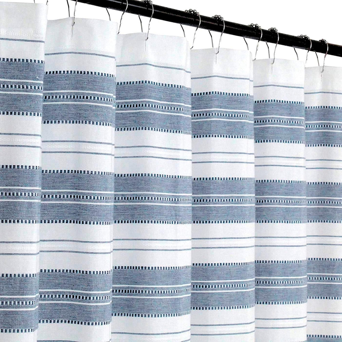 Serafina Home nautical stripe fabric shower curtain, blue and white, ideal for coastal bathroom decor