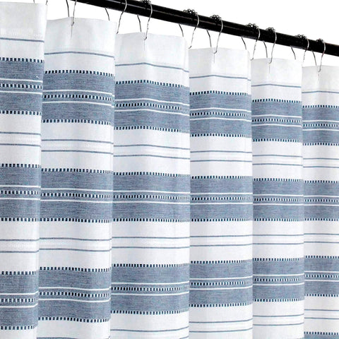 Serafina Home nautical stripe fabric shower curtain, blue and white, ideal for coastal bathroom decor
