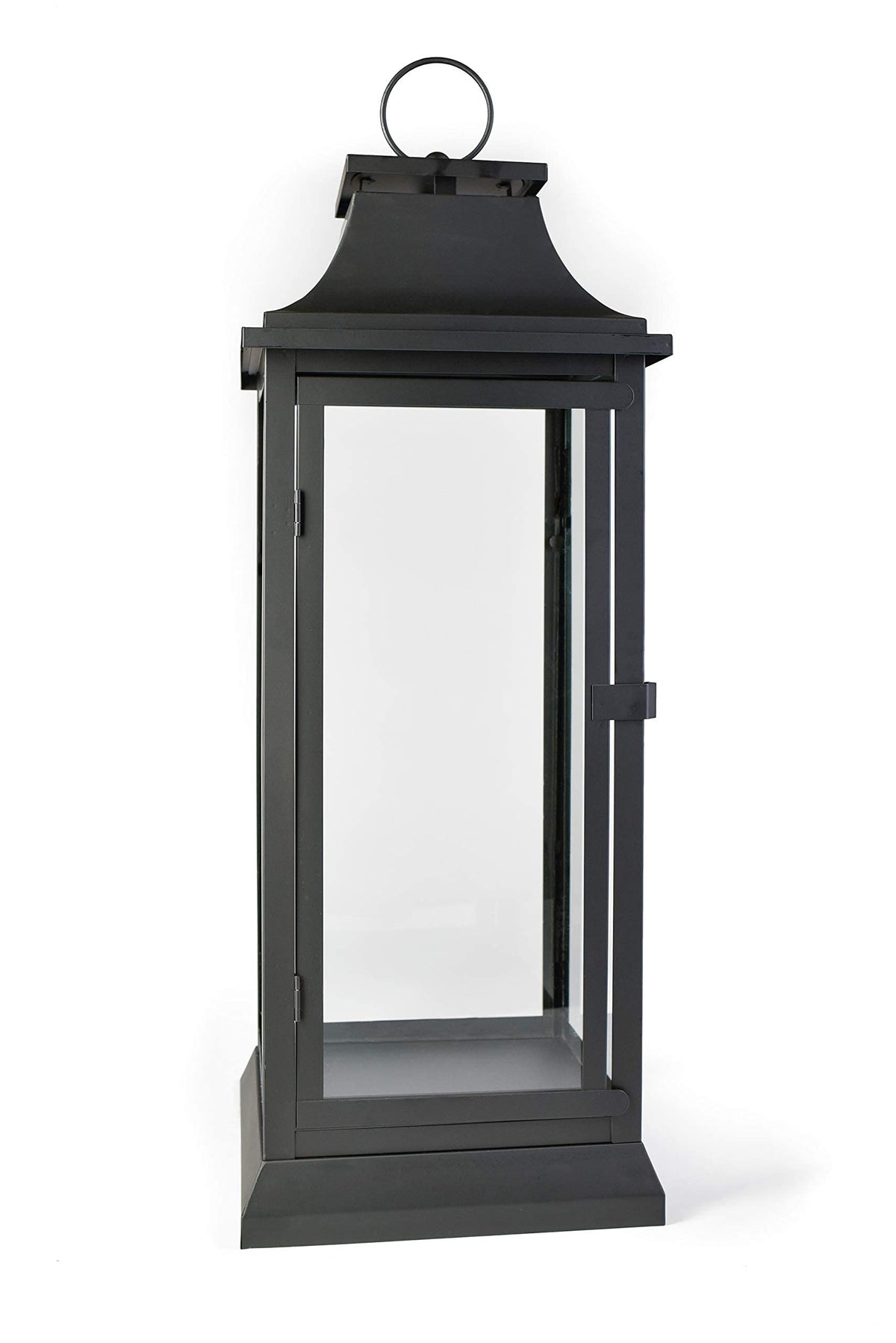 Serene Spaces Living 25-inch black hurricane lantern stands tall for dramatic porch displays.