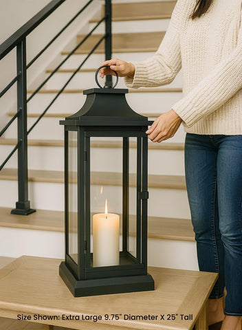 Serene Spaces Living lantern shows candle glow through glass, creating cozy ambiance.