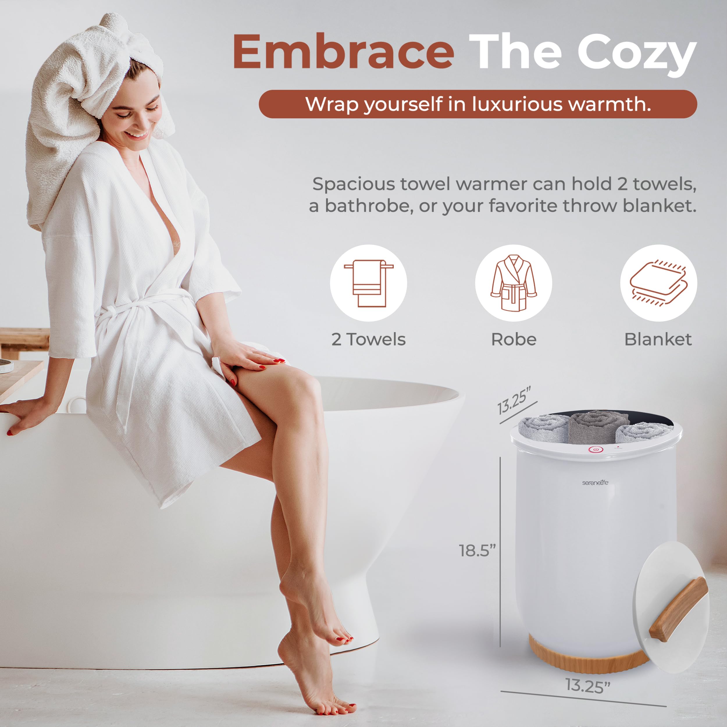 SereneLife bucket towel warmer with lid open demonstrates easy filling and quick warmth.