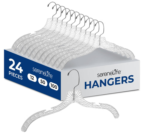 SereneLife clear plastic hangers with crystal finish for a sleek, organized closet.