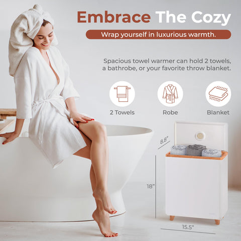 SereneLife luxury towel warmer with closed lid retains heat for longer.