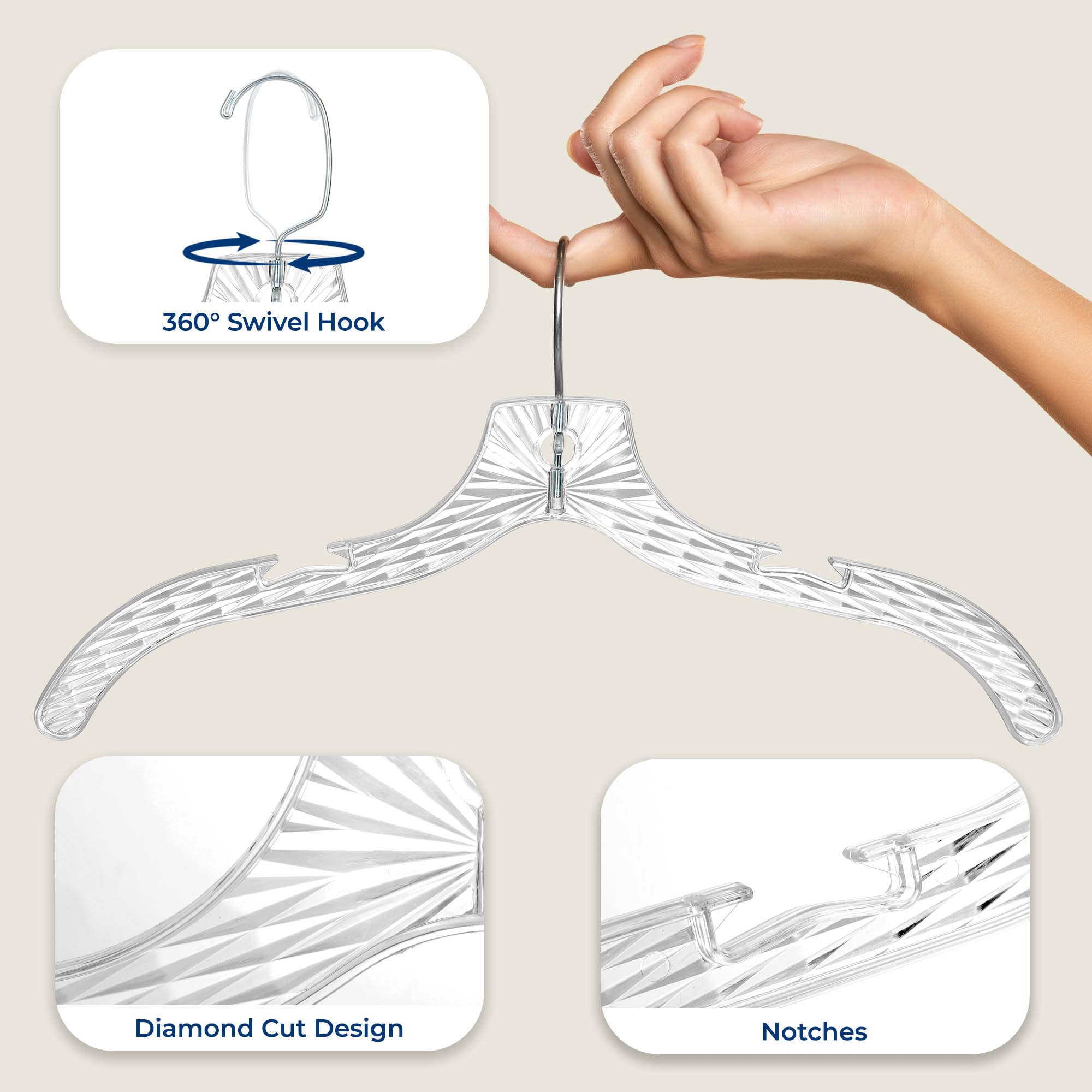 Transparent SereneLife hangers blend with merchandise for clean displays.