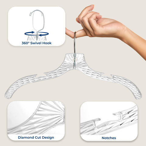 Transparent SereneLife hangers blend with merchandise for clean displays.