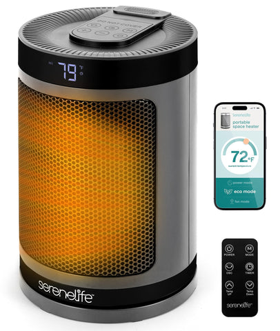 SereneLife smart space heater front-angle view showing compact form for quick warmth