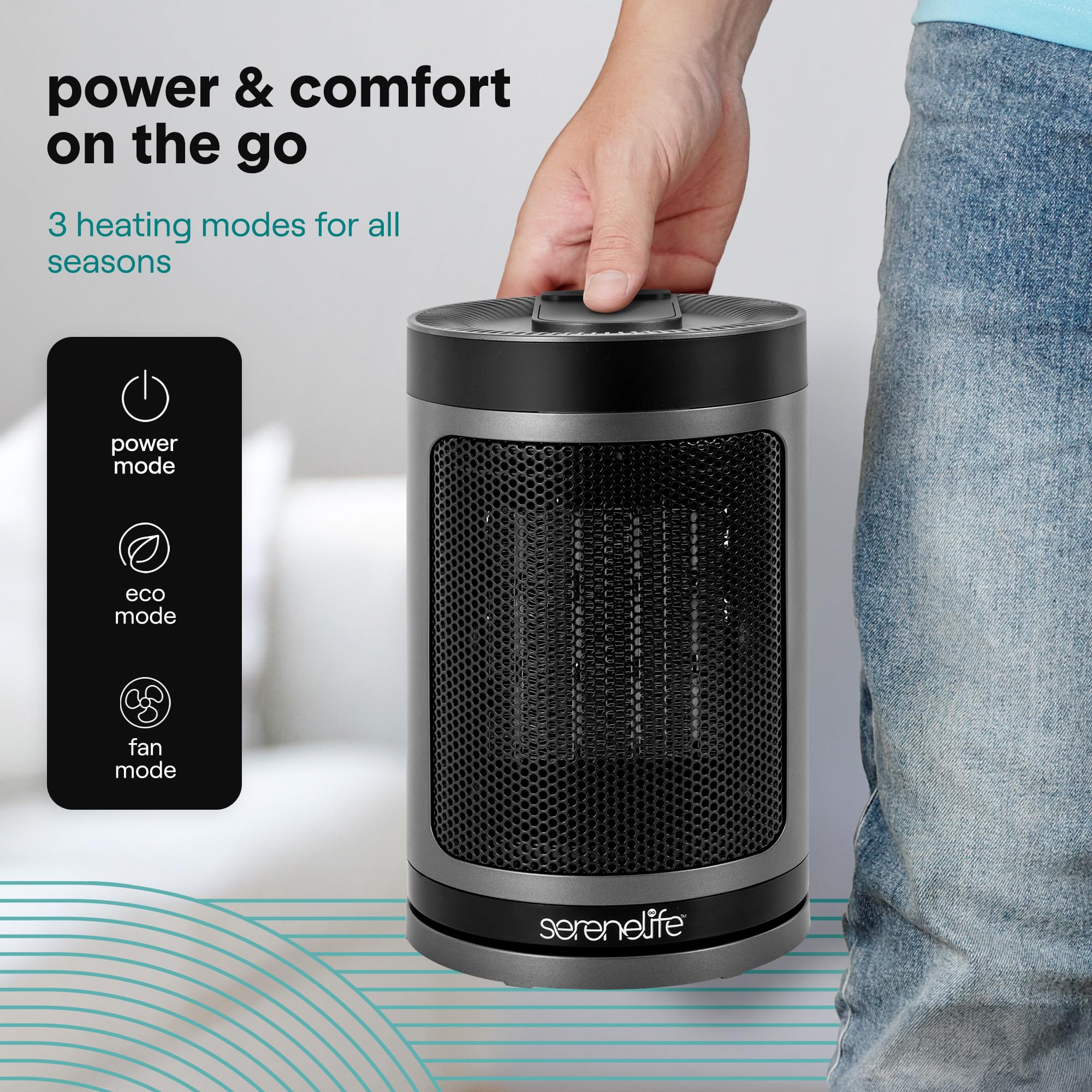 SereneLife smart space heater in an office setting delivering steady warmth