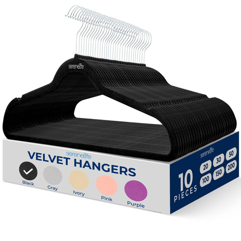 SereneLife velvet hangers pack keeps garments secure and neatly organized.