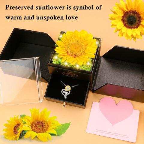 Sereney sunflower gift box with clear acrylic lid showcases the eternal flower and sunshine necklace.