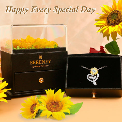 Sereney gift set includes handwritten card and eternal sunflower in a premium box.