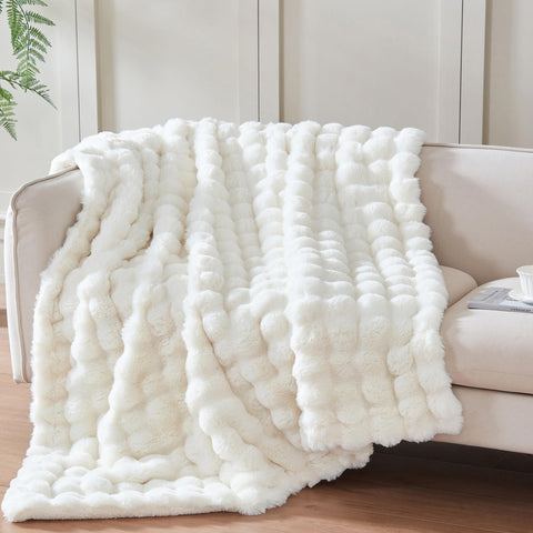 Serenhom bubble-texture exterior on ivory-white throw adds cozy couch style.