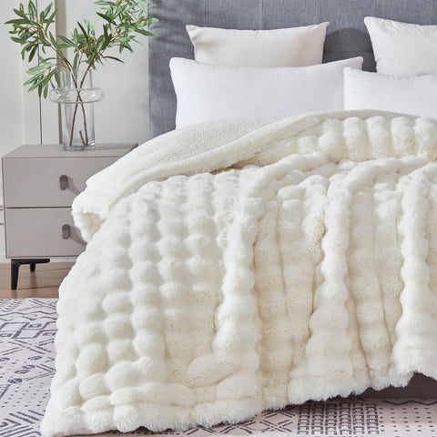 Serenhom plush faux fur front with sherpa reverse for extra warmth.