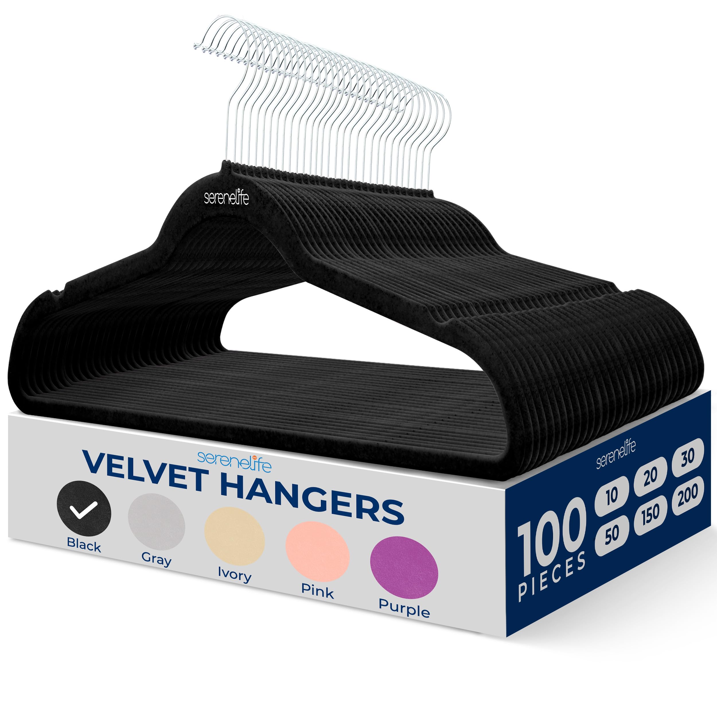 SereneLife velvet hangers in black: a 100-pack for tidy wardrobes.