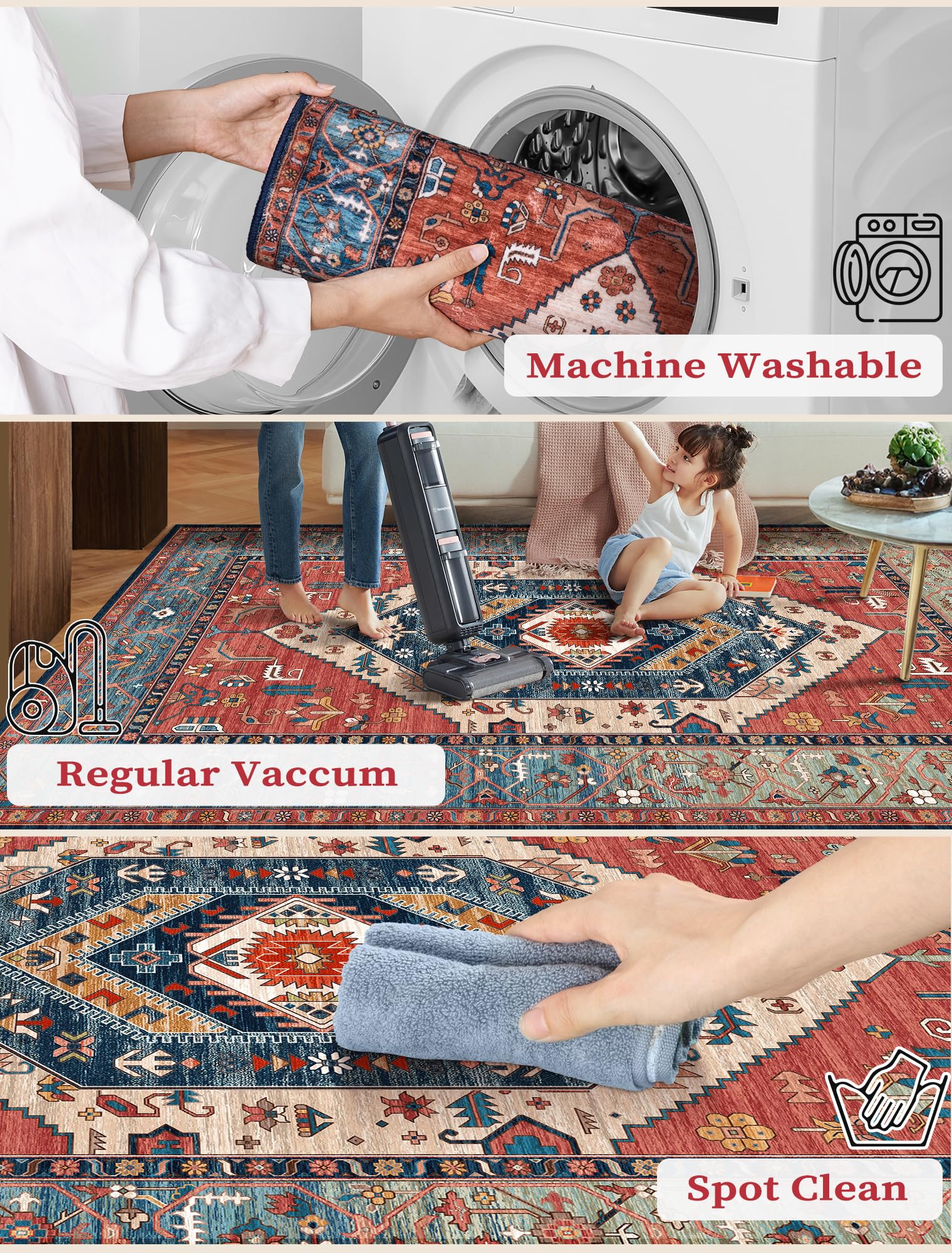 SERISSA Boho Washable Runner close-up of boho floral print and plush texture.