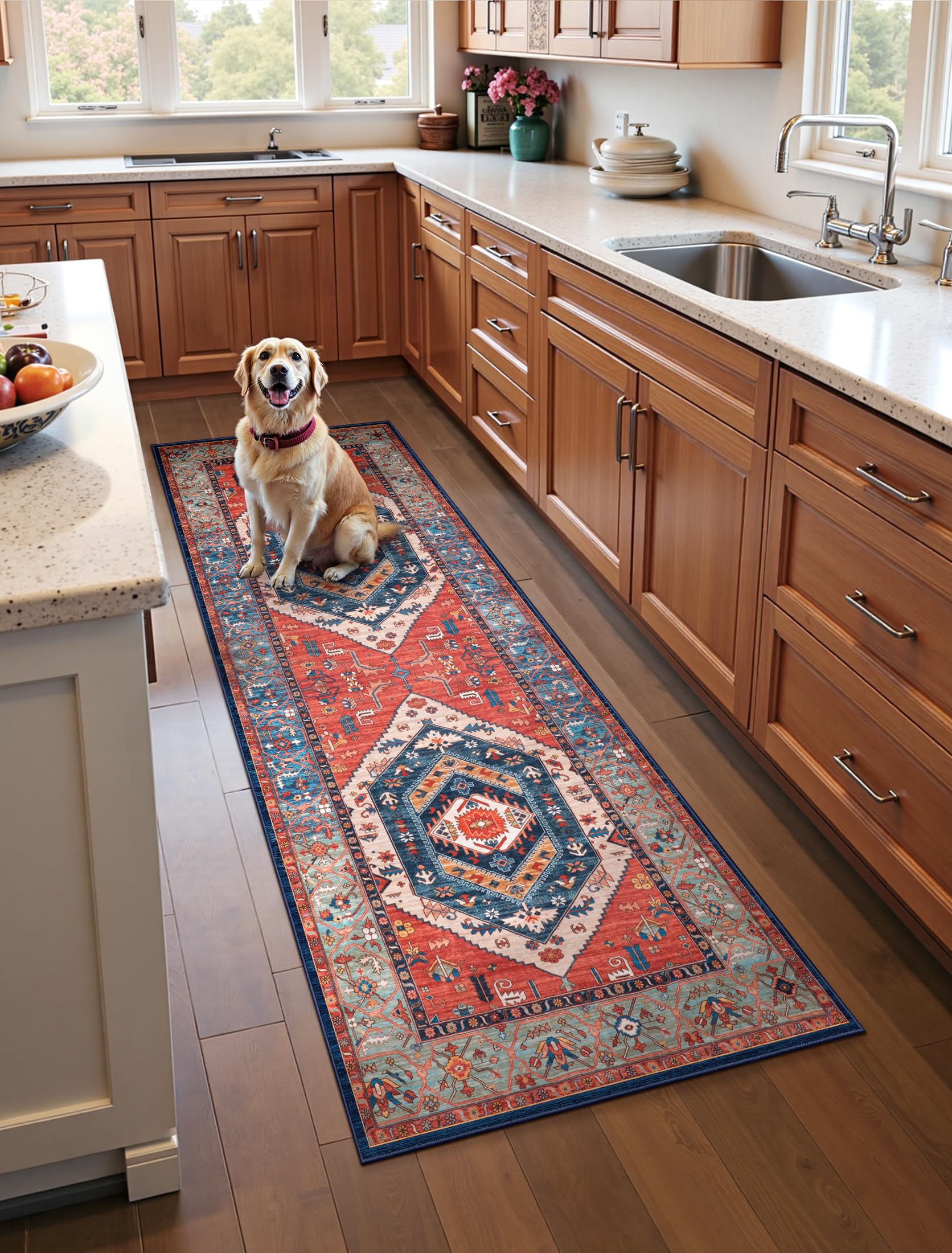 SERISSA Boho Washable Runner front view with vintage rust pattern and soft underfoot feel.