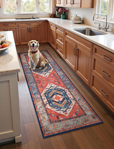 SERISSA Boho Washable Runner front view with vintage rust pattern and soft underfoot feel.