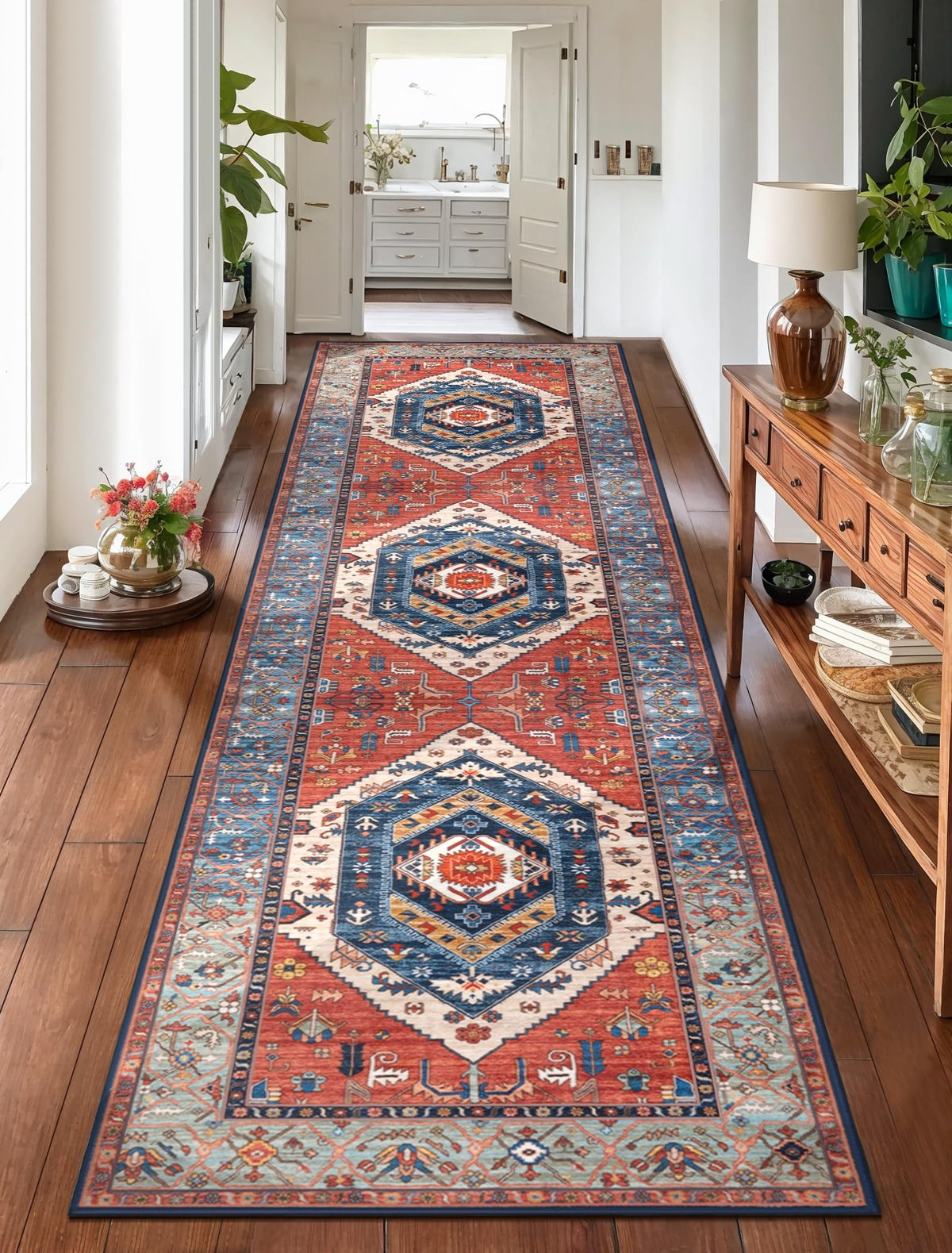 SERISSA Runner Rug soft pile in rust boho adds comfortable feel to hallways.
