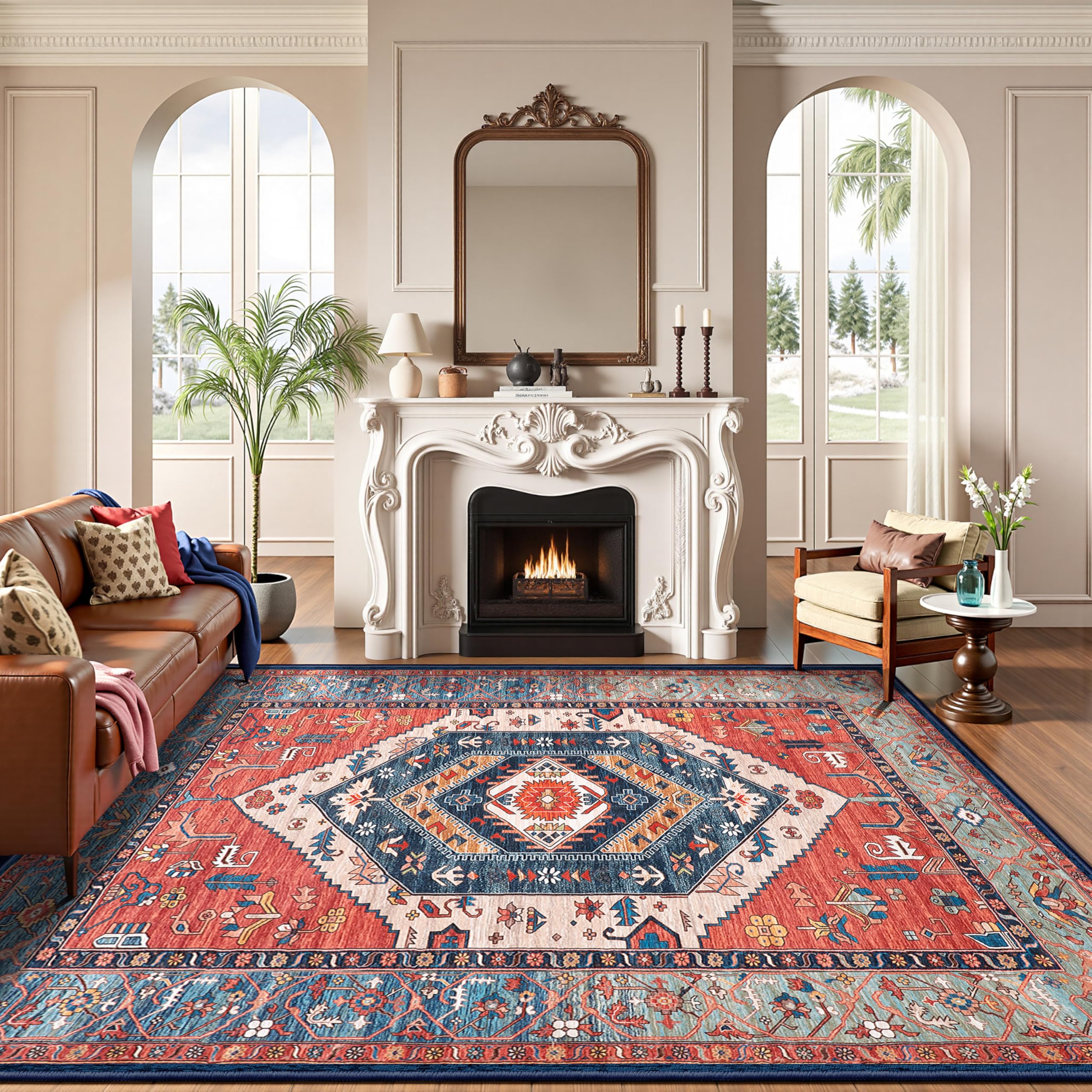 SERISSA washable rug 8x10 large area rug in bedroom setup with warm rust tones.