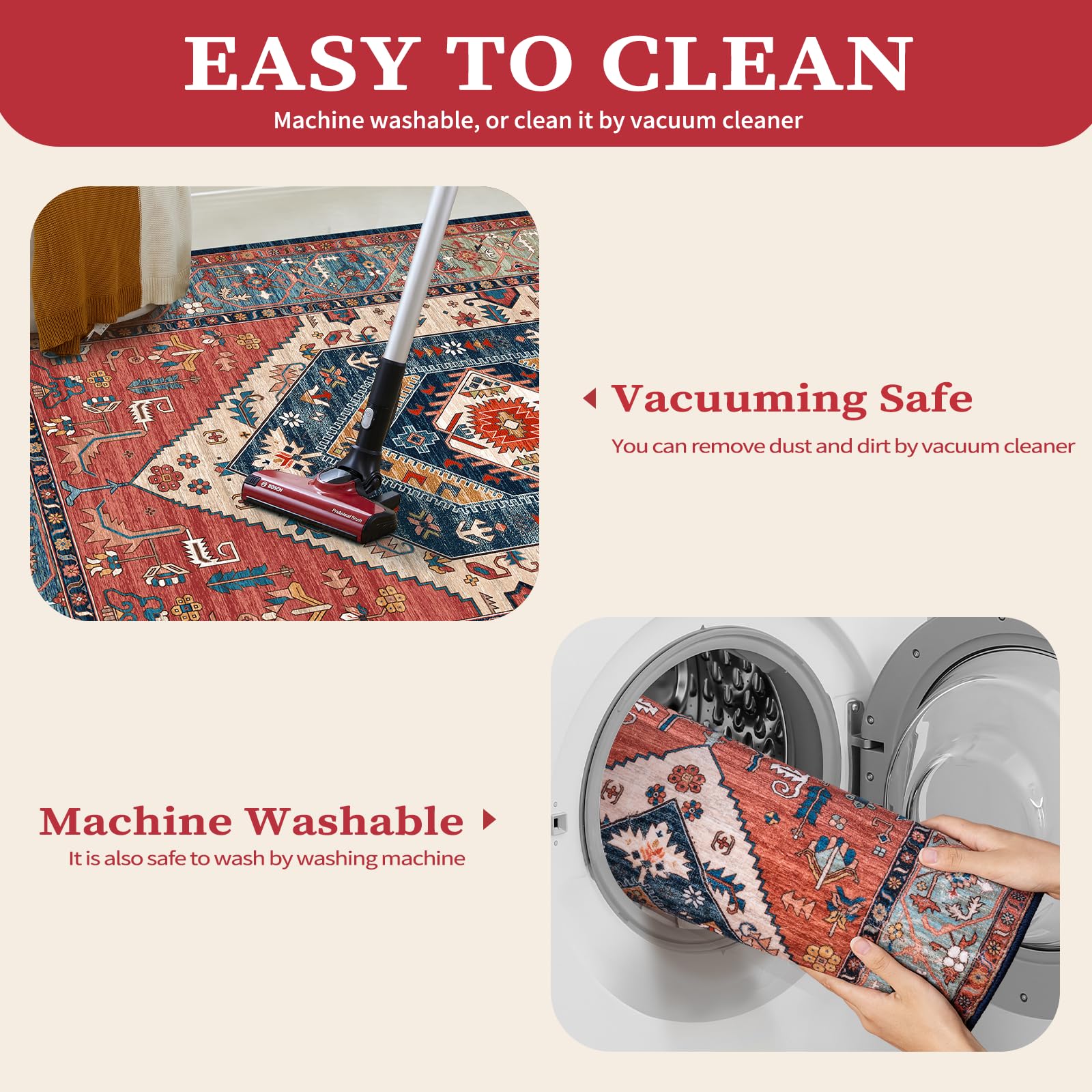 SERISSA washable rug 8x10 non-slip back shown on hardwood floor for stable, safe setup.
