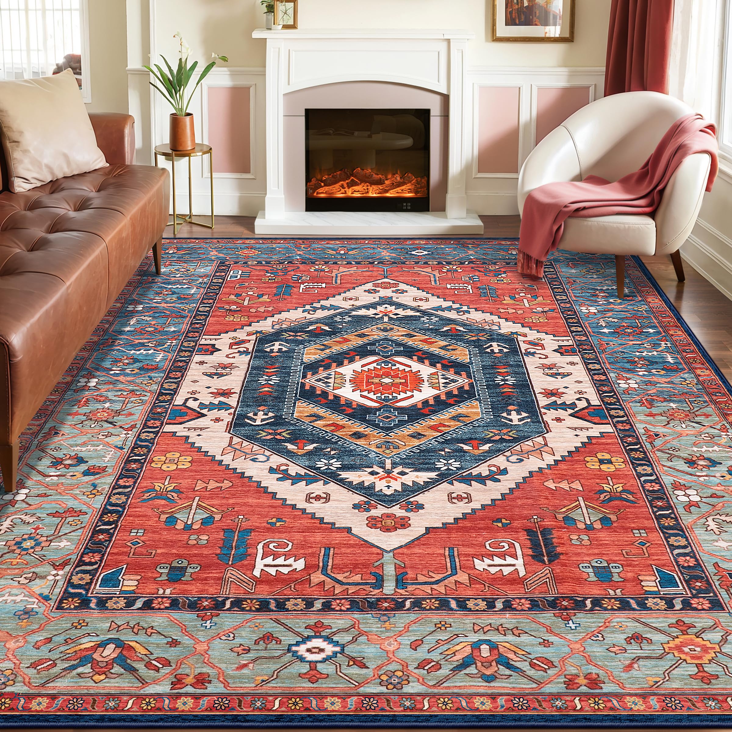 SERISSA washable rug 8x10 rust boho living room adds cozy style and generous coverage.