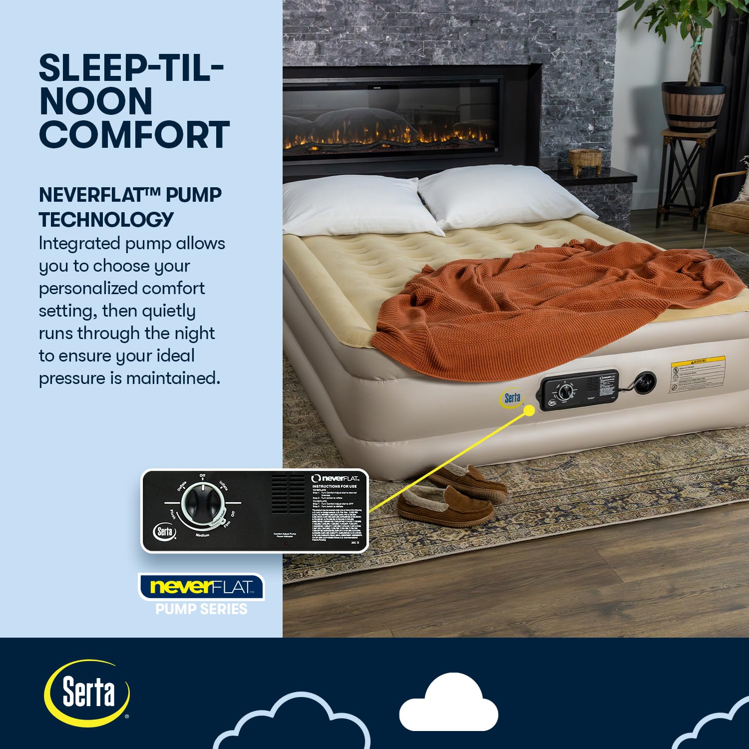 Serta built-in pump delivers quick inflation for easy setup anywhere.