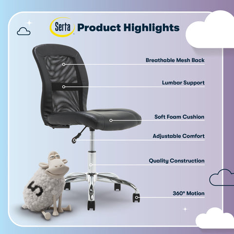 Serta Essential Armless Task Chair 360-degree wheels for easy mobility