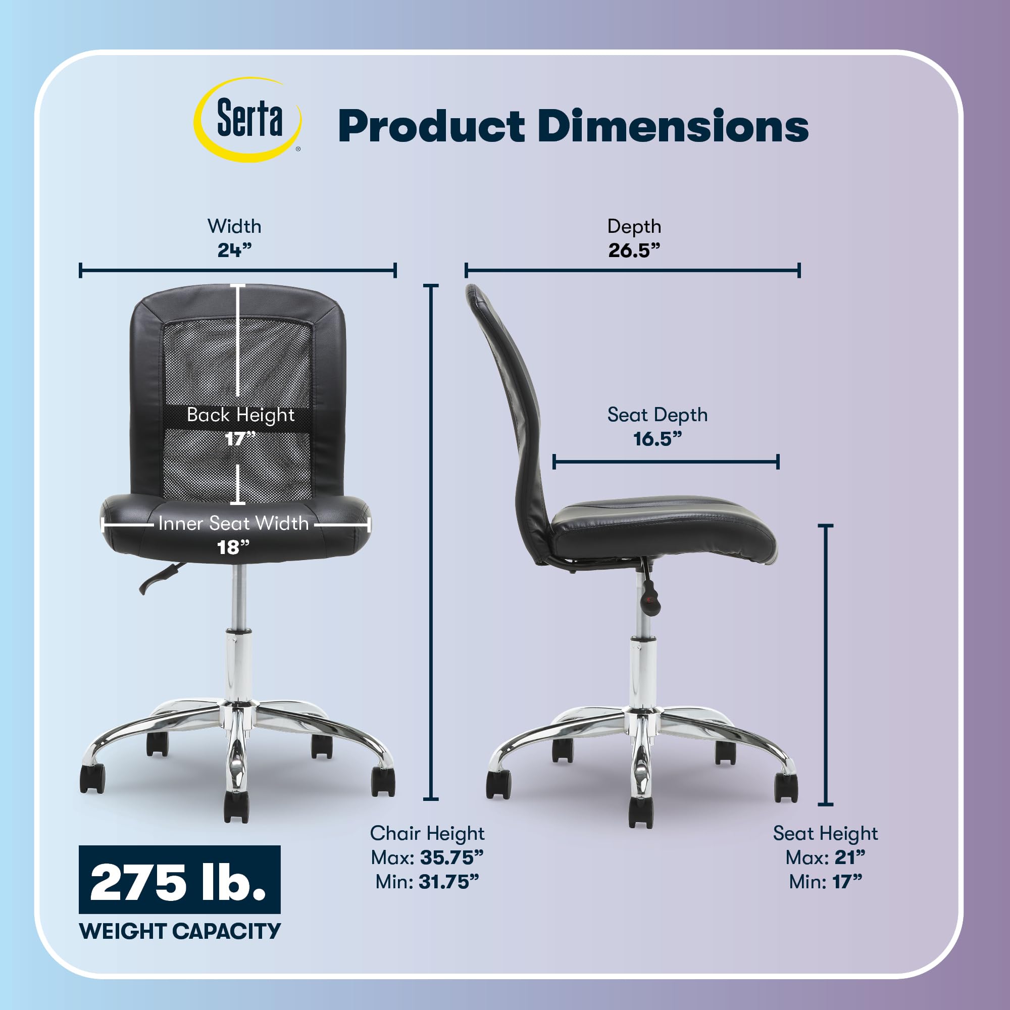 Serta Essential Armless Task Chair height-adjustable lever for personalized seating