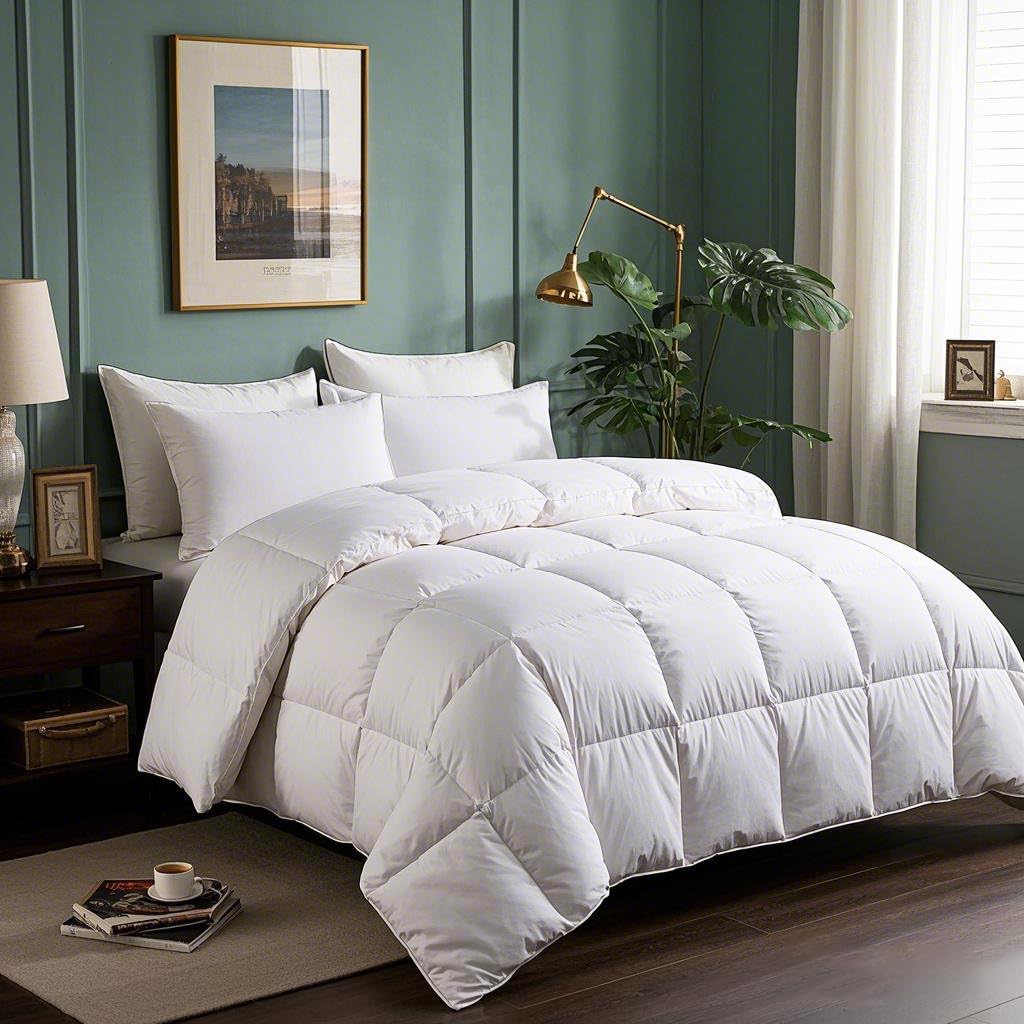 Serta goose-down fiber comforter lofted on bed for plush all-season warmth.