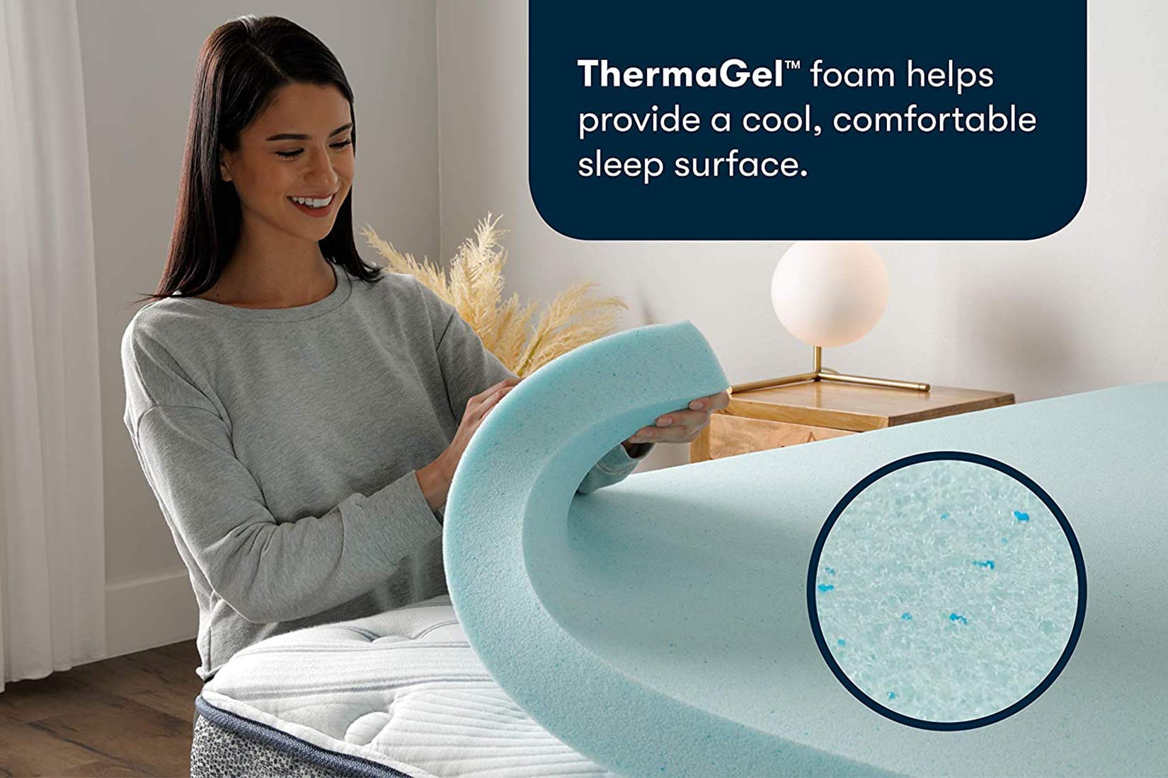 Serta ThermaGel unrolled memory foam topper contours to body for customized comfort.