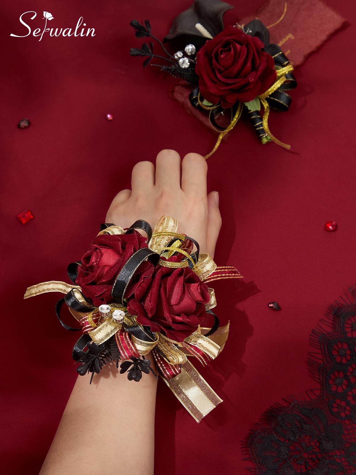 Serwalin burgundy corsage with crystal accents for refined elegance