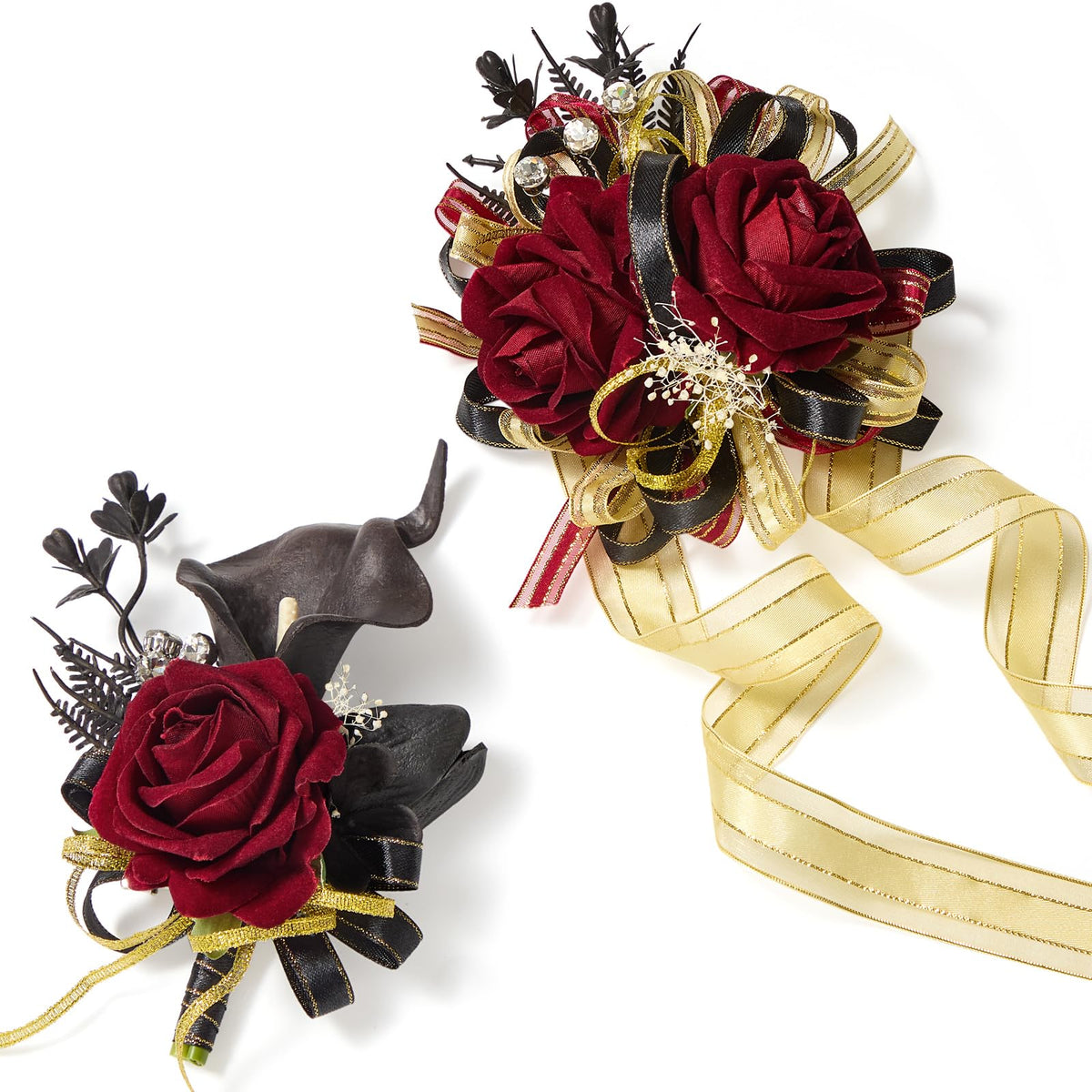 Serwalin burgundy prom corsage and boutonniere set, elegant coordination for a formal event