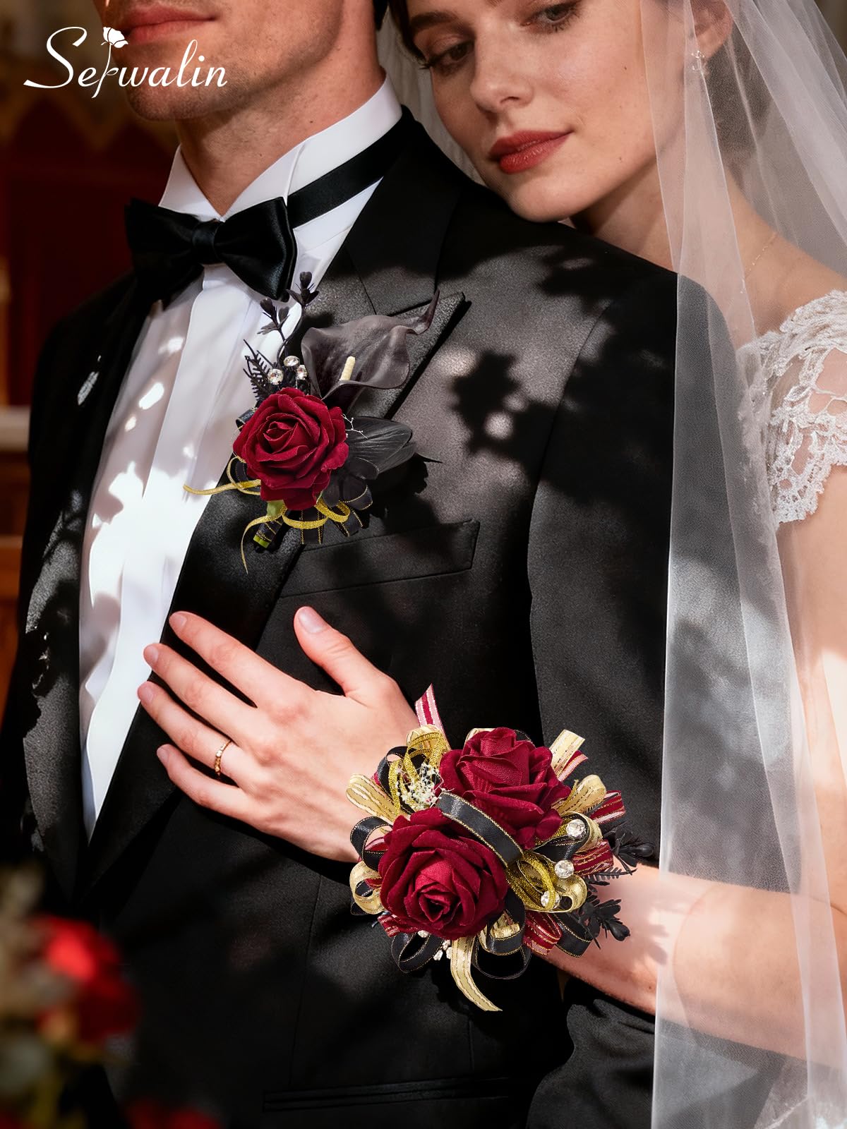 Close-up of Serwalin burgundy roses and black calla lilies, premium silk look