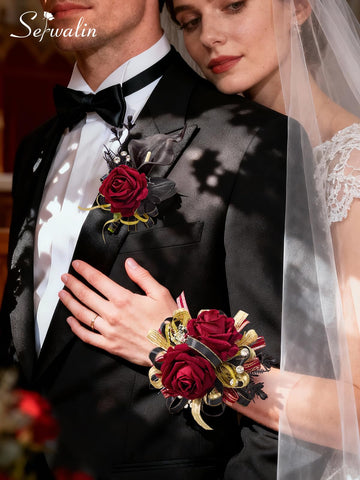 Close-up of Serwalin burgundy roses and black calla lilies, premium silk look