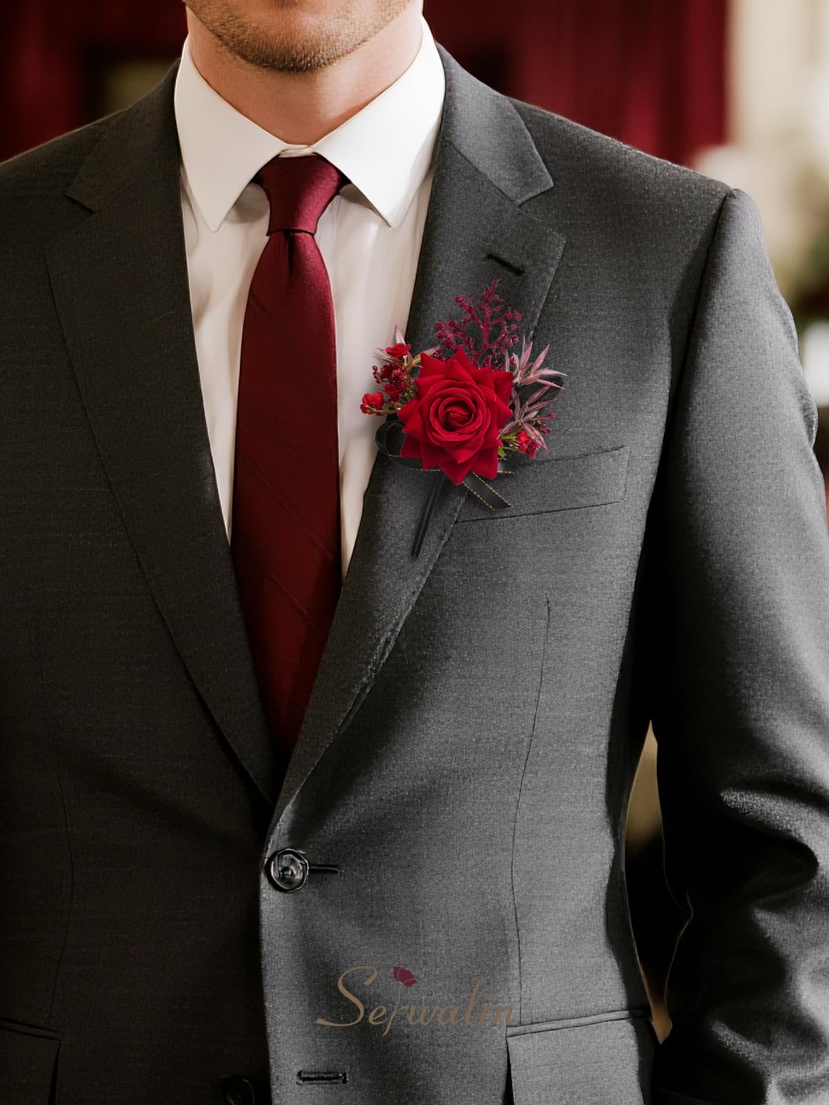 Serwalin boutonniere with secure pin attachment for quick, reliable placement.